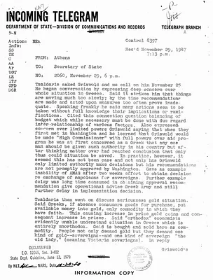 Telegram from James Kelley to Secretary of State George Marshall