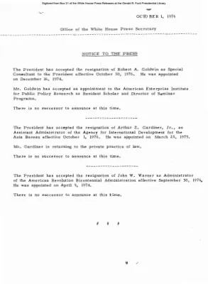 Appointments and Resignations for October 1, 1976 [Position Appointments and Resignations]