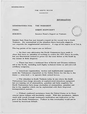 Information Memorandum from Deputy National Security Advisor Brent Scowcroft to President Gerald R. Ford concerning a report issued by Senator Sam Nunn (D-Georgia) regarding the Senator's recent trip to South Vietnam.