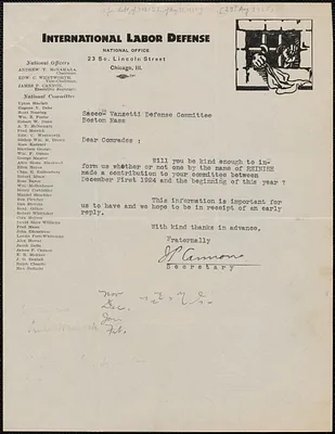 James P. Cannon (International Labor Defense) typed note signed to Sacco-Vanzetti Defense Committee, Chicago, Ill., [August 29?, 1925]