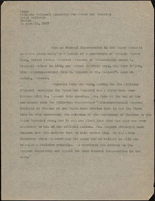 Citizens National Committee for Sacco and Vanzetti press release (copy), Boston, Mass., August 20, 1927