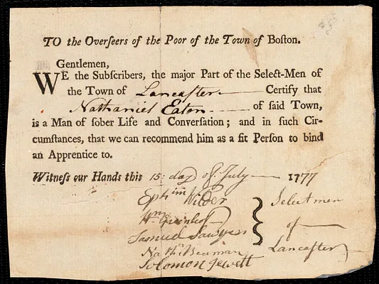 Isabella Sloane indentured to apprentice with Nathaniel Eaton of Lancaster, 24 July 1777