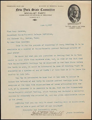 Herbert M. Merrill (New York State Committee, Socialist Party) typed letter signed to Mary Donovan, Albany, N.Y., June 8, 1927