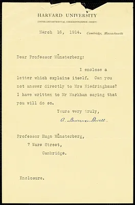 Lowell, A. Lawrence (Abbott Lawrence), 1856-1943 typed note signed to Hugo Münsterberg, Cambridge, Mass., 16 March 1914