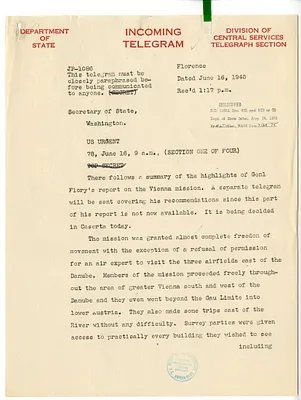Telegram from John Erhardt to Secrertary of State Edward Stettinius