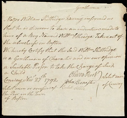 William Ethridge indentured to apprentice with William Kittridge of Conway, 7 June 1792