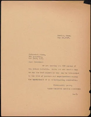 Sacco-Vanzetti Defense Committee typed note (copy) to The Federated Press, Boston, Mass., May 13, 1927