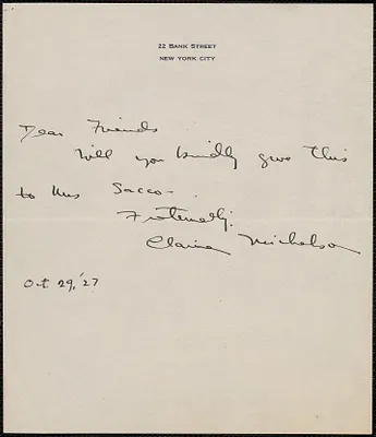 Clarina Michelson autograph note signed to [Sacco-Vanzetti Defense Committee], New York, N. Y., October 29, 1927