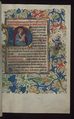 Initial ""H"" (Here du selte) with Virgin and Child, and Prophet with Scroll in Margin