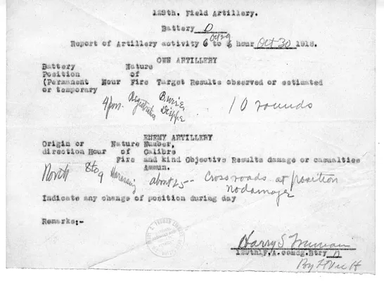 Report of Artillery Activity, Battery D, 129th Field Artillery