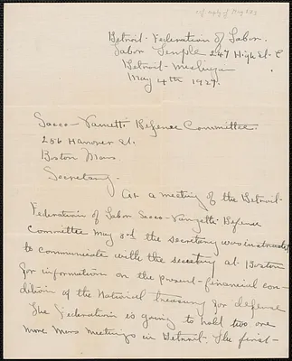M. H. Patten (Detroit Federation of Labor) autograph letter signed to Sacco-Vanzetti Defense Committee, Detroit, Mich., May 4, 1927