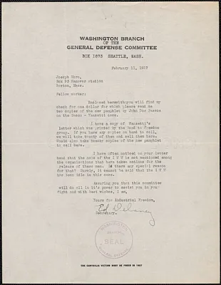 Ed Delaney (General Defense Committee, Washington Branch) typed letter signed to Joseph Moro, Seattle, Wash., February 11, 1927