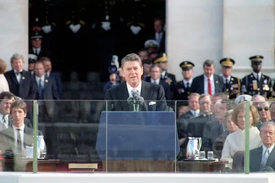 President Ronald Reagan making his inaugural address from the United States Capitol