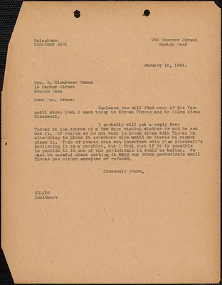 [Fred H. Moore] typed letter (copy) to E[lizabeth] Glendower Evans, Boston, Mass., January 16, 1924