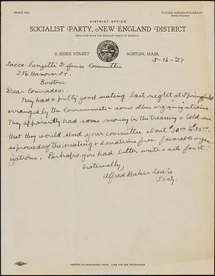 Alfred Baker Lewis (Socialist Party, New England District) autograph note signed to Sacco-Vanzetti Defense Committee, Boston, Mass., May 16, 1927