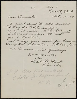 William Kastler autograph letter signed to Sacco-Vanzetti Defense Committee, Cavell, Sask., Canada, October 10, 1923