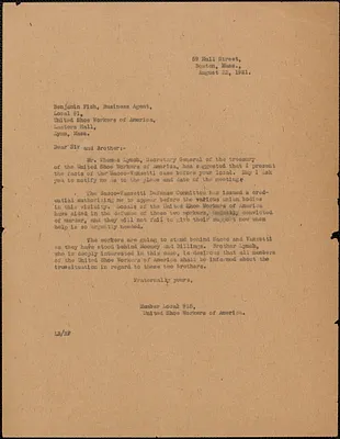 Member, Local #15, United Shoe Workers of America typed letter (copy) to Benjamin Fish (Local #1, United Shoe Workers of America), Boston, Mass., August 22, 1921