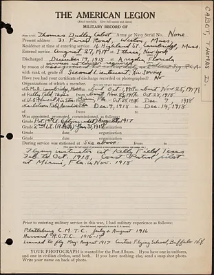 American Legion military record of Thomas Dudley Cabot