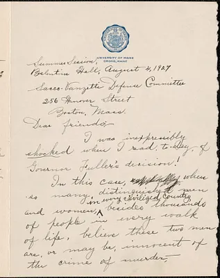 Louie Maud Merriam autograph letter signed to Sacco-Vanzetti Defense Committee, Orono, Me., August 4, 1927