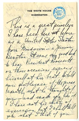 Handwritten Draft of Gridiron Dinner Remarks by President Harry S. Truman
