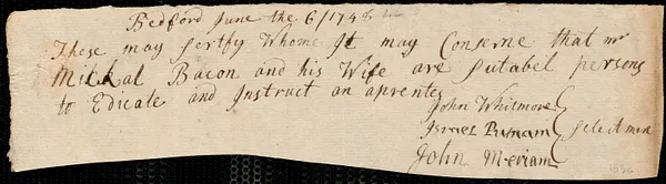 Martha Bennett indentured to apprentice with Michael Bacon of Bedford, 7 July 1748