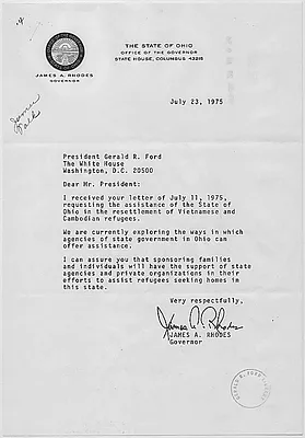 Letter from James A. Rhodes, Governor of Ohio, to President Gerald R. Ford concerning assistance by the State of Ohio in the resettlement of Vietnamese and Cambodian refugees.