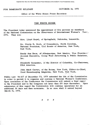 President announced the appointment of 5 persons as members of the National Commission on the Observance of International Women's Year, 1975 [Position Appointments and Resignations]