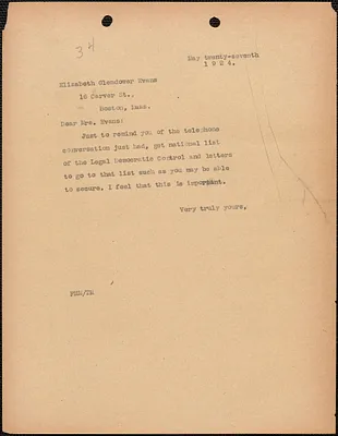 [Fred H. Moore] typed note (copy) to Elizabeth Glendower Evans, [Boston, Mass.], May 27, 1924