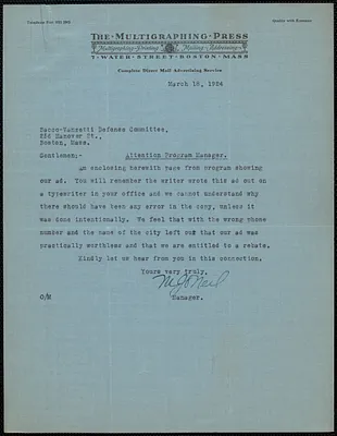 M. J. O'Neil (The Multigraphing Press) typed letter signed to Sacco-Vanzetti Defense Committee, Boston, Mass., March 18, 1924