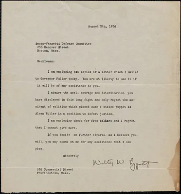 Walter W. Liggett typed letter signed to Sacco-Vanzetti Defense Committee, Provincetown, Mass., August 5, 1926