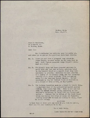 Mary Donovan (Sacco-Vanzetti Defense Committee) typed letter (copy) to Daniel Hutchinson, Boston, Mass., November 19, 1927