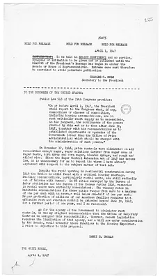 White House Press Release, Message from President Harry S. Truman to the United States Congress