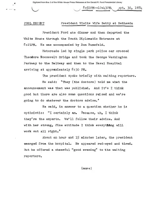 Pool Report - President Visits Wife Betty at Bethesda