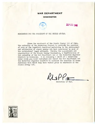 Memorandum from Secretary of War Robert Patterson to President Harry S. Truman, with Attachment