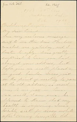 Kate M. Dial autographed letter signed to Bartolomeo Vanzetti, Oakland, Cal., February 1925