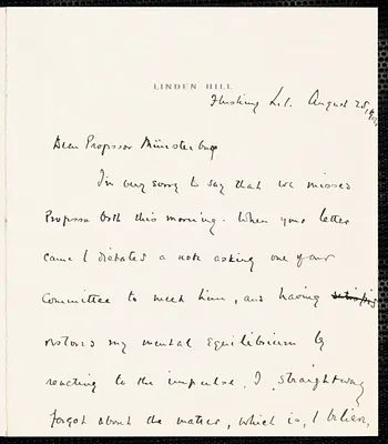 Keppel, Frederick P. (Frederick Paul), 1875-1943 autograph letter signed to Hugo Münsterberg, Flushing, N.Y., 25 August 1904
