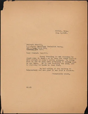 Sacco-Vanzetti Defense Committee typed note (copy) to Herbert Merrill (New York State Committee, Socialist Party), Boston, Mass., June 9, 1927