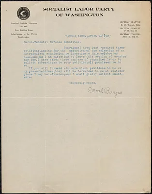 David Burgess (Socialist Labor Party of Washington) typed letter signed to Sacco-Vanzetti Defense Committee, Tacoma, Wash., April 21, 1927