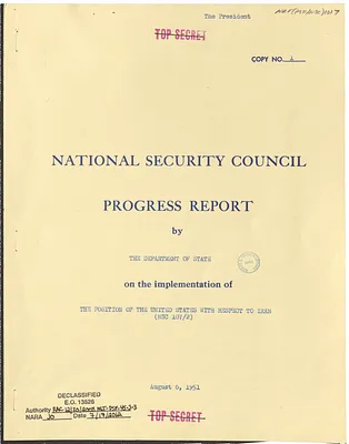 National Security Council Progress Report by the Department of State on the Implementation of the Position of the United States with Respect to Iran (NSC 107/2)