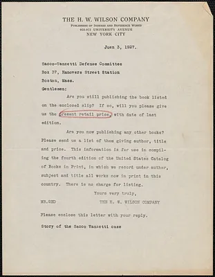 H. W. Wilson Company typed letter to Sacco-Vanzetti Defense Committee, New York. N.Y., June 3, 1927