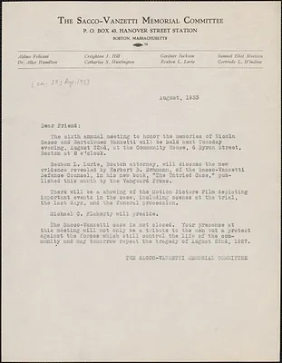 Sacco-Vanzetti Memorial Committee typed letter (circular), Boston, Mass., August 1933