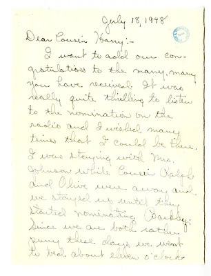 Letter from Roma Colgan to Harry S. Truman