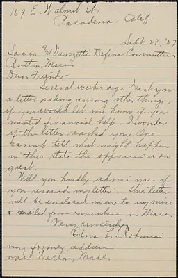 Edna L. Robinson autograph letter signed to Sacco-Vanzetti Defense Committee, Pasadena, Calif., September 28, 1927