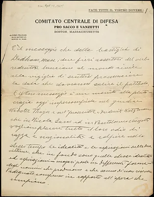Autographed letter to [Nicola Sacco and Bartolomeo Vanzetti], [Boston?, ca. 1-7 April 1927?]