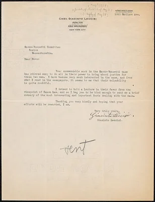 Giacinto Leccisi typed letter signed to Sacco-Vanzetti Defense Committee, New York, N.Y., [May? 1927]