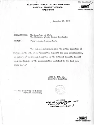 Memorandum from James Lay to Secretary of State Dean Acheson and Chairman of the Atomic Energy Commission Gordon Dean, with Attachment