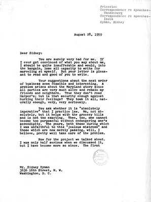 Letter from Dean Acheson to Sidney Hyman