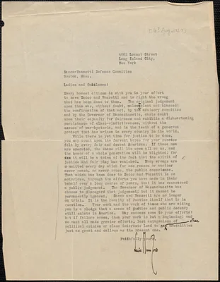 Louis Mumford typed letter signed to Sacco-Vanzetti Defense Committee, Long Island City, N.Y., [August 4?, 1927]
