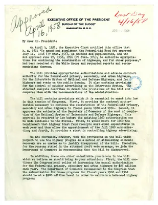Letter, Robert Merriam to President Dwight D. Eisenhower Regarding the Highway Act
