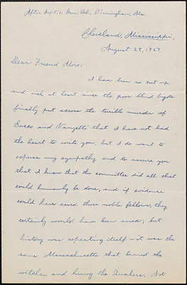 Frederic Raper autograph letter signed to Joseph Moro, Cleveland, Miss., August 28, 1927